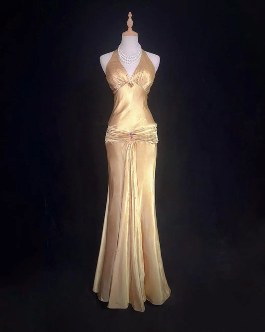 Charming Prom Dresses Mermaid Halter Gold With Beaded Long Formal Evening Outfits N3693
