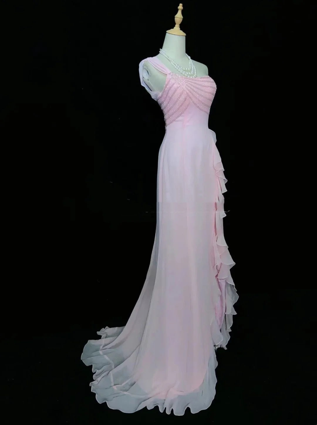 Vintage Prom Dresses 80s Mermaid One Shoulder Pink Chiffon Sleeveless With Beading Semi Formal Evening Outfits N3620