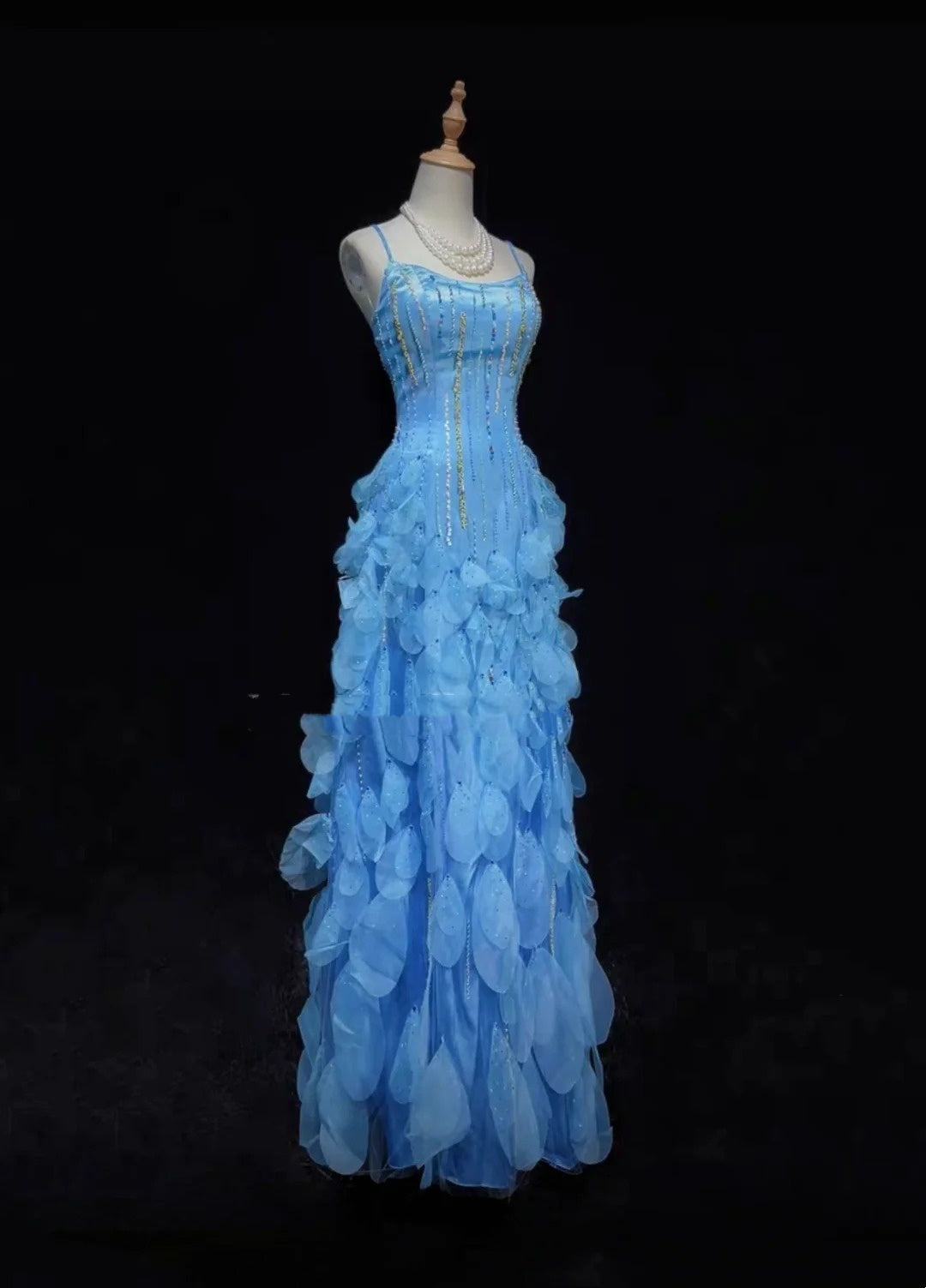Elegant Sheath Spaghetti Strap Blue Chiffon With Beaded Bodice Formal Dress Long Prom Dresses N2727