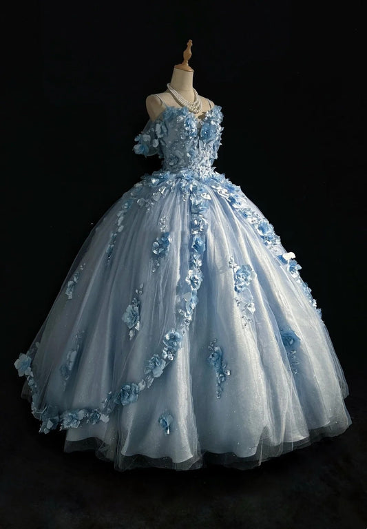 Beautiful Prom Dresses Ball Gown Off The Shoulder Tulle Blue With Appliqued Long Formal Gown N2926