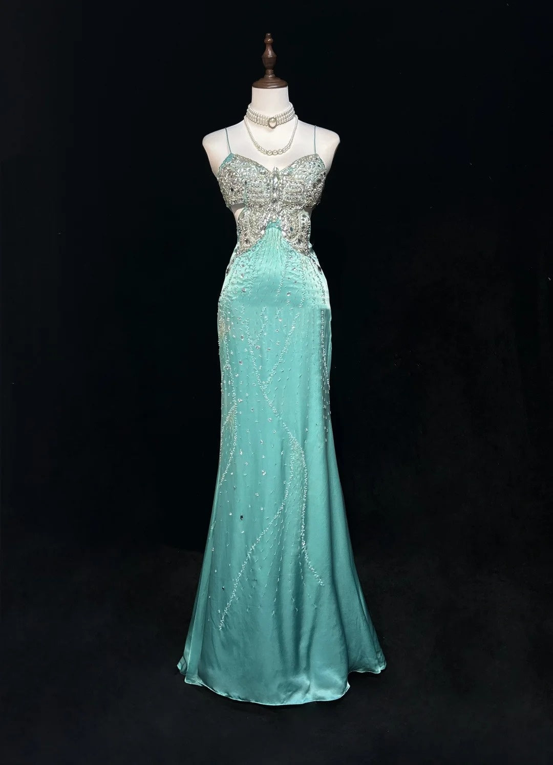 Classy Prom Dresses Mermaid Spaghetti Strap Backless Tiffany Blue Chiffon With Beaded Long Formal Evening Outfits N3708