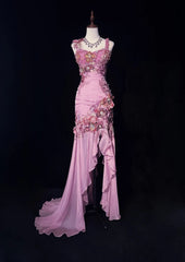 Elegant Sheath Spaghetti Strap Pink Chiffon With Beaded Bodice Formal Dress High Low Prom Dresses N2736