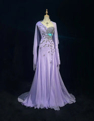 Elegant A Line One Shoulder Lilac Chiffon With Silver Beaded Bodice Formal Dress Long Prom Dresses N2725