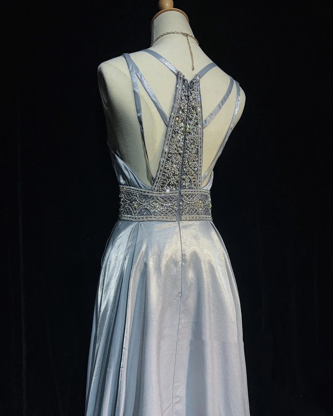 Modest Prom Dresses A line Spaghetti Strap Grey Satin Long Formal Evening Outfits N3617