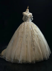 Glamour Prom Dresses Ball Gown Off The Shoulder Champagne With Flowers Formal Evening Outfits N3799
