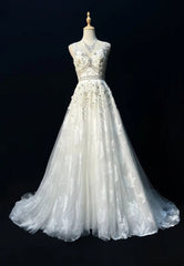 Modest Prom Dresses A line V Neck White Tulle Lace Sleeveless Long Formal Evening Outfits N3618