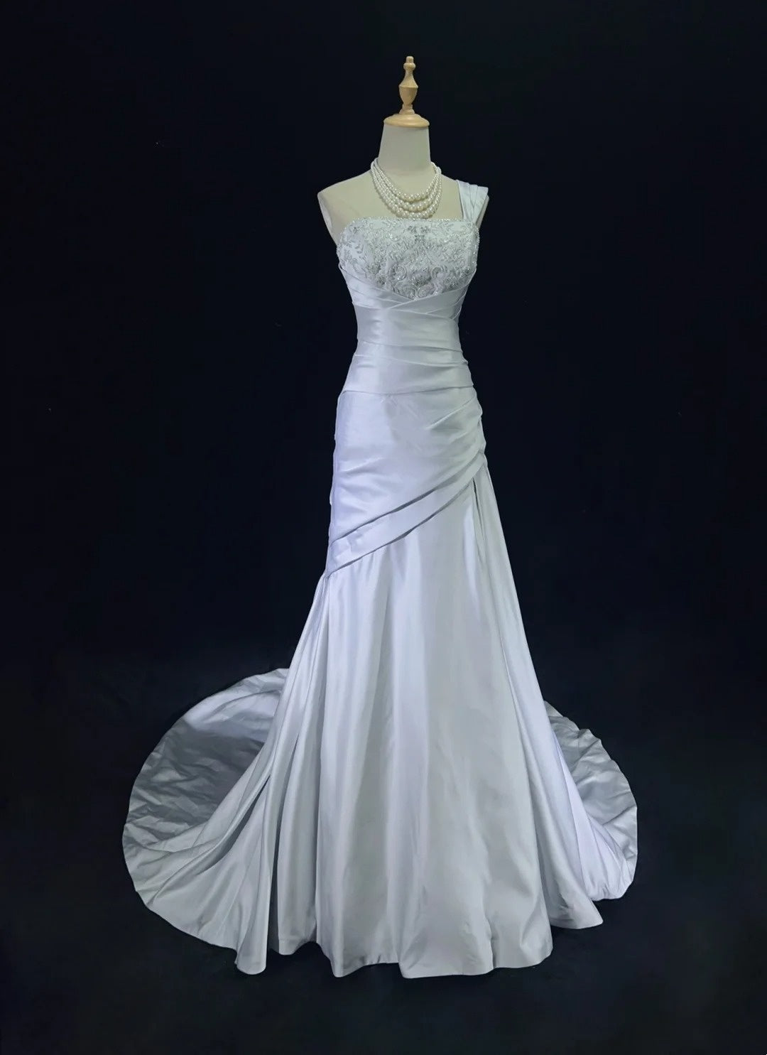 Modest Prom Dresses Mermaid One Shoulder Light Sky Blue Satin With Lace Long Formal Dance Dress N3000
