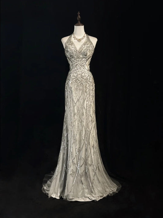 Vintage Prom Dresses Inspo Mermaid Halter Silver Gray Sequin 80s With Backless Formal Gowns N3369