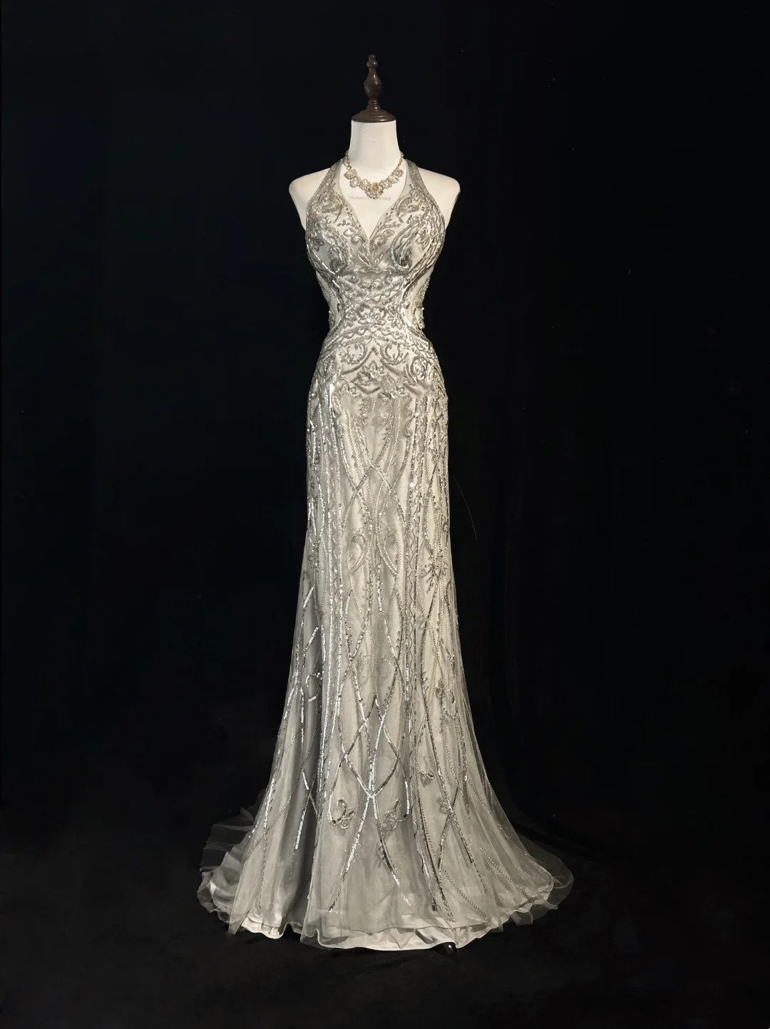 Vintage Prom Dresses Inspo Mermaid Halter Silver Gray Sequin 80s With Backless Formal Gowns N3369