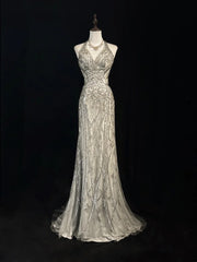 Vintage Prom Dresses Inspo Mermaid Halter Silver Gray Sequin 80s With Backless Formal Gowns N3369