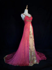 Vintage Prom Dresses A Line Halter Hot Pink Chiffon With Gold Lace Long Formal Evening Outfits N3856