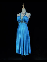 Vintage Prom Dresses Inspo A line Halter Tea Length Blue Satin 80s With Beaded Formal Gowns N3354