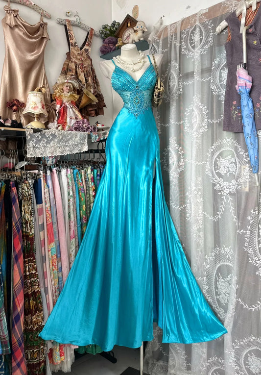 Classy Prom Dresses Mermaid Halter Blue With Beading Satin Long Formal Evening Outfits N3761
