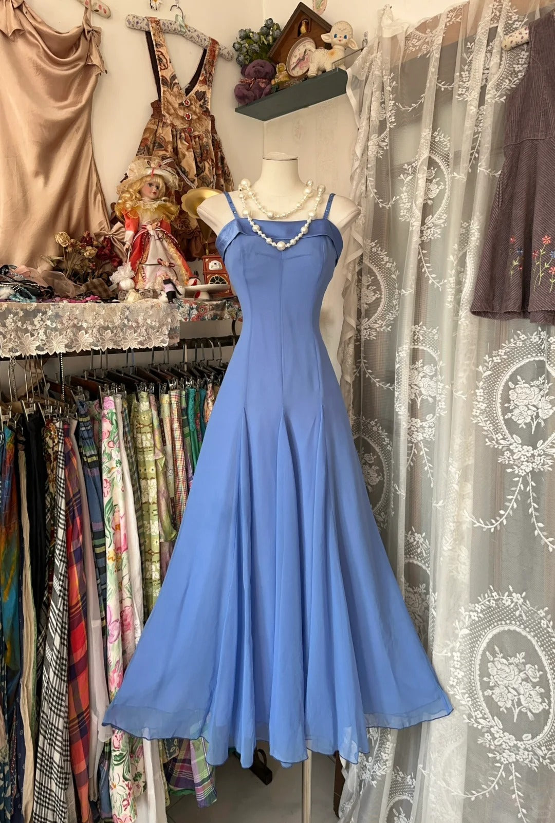 Vintage A Line Spaghetti Straps Blue Chiffon Evening Gowns Formal 19th Birthday Dress Prom Dresses N1738