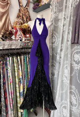 Vintage Mermaid Halter Grape Black Lace Long Evening Gowns Formal 18th Birthday Party Prom Dresses N1735