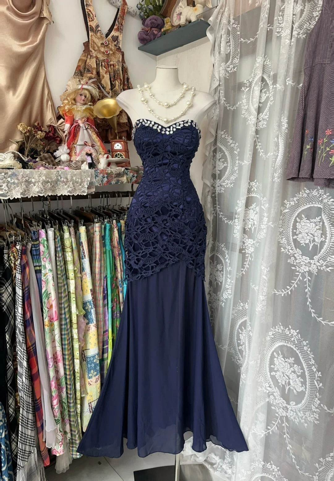 Vintage Mermaid Sweetheart Navy Blue Lace Long Evening Gowns Formal Birthday Party Prom Dresses N1732
