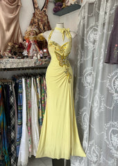 Elegant Mermaid Yellow Halter Evening Gowns Formal Birthday Party Dress Long Prom Dresses N1704