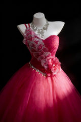 Pretty Prom Dresses Ball Gown One Shoulder Hot Pink Tulle With Beads Long Formal Dress N2955