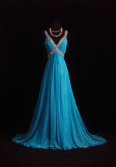 Vintage A line V Neck Blue Chiffon Sleeveless Summer Formal For Women Girls Teens Prom Dresses N2248