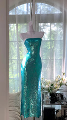 Charming Prom Dresses Mermaid Strapless Blue Sequin Ankle Length Evening Outfits N3564