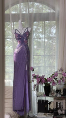 Elegant Prom Dresses Mermaid Spaghetti Strap Purple Sequin Slit Floor Length Formal Evening Outfits N3532