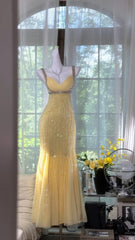 Charming Prom Dresses Mermaid Sweetheart With Strap Yellow Chiffon Floor Length Evening Outfits N3563
