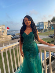 Dark Green Mermaid Tulle Lace Prom Dress Winter Gown Semi Formal Grad Long Prom Dress For Teens AB1994