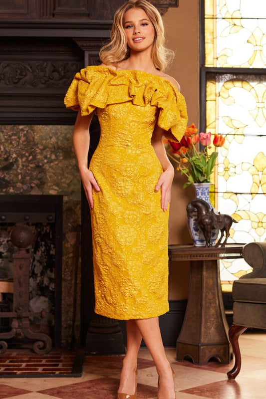 Jovani 23848 Tea Length Ruffle Mustard Formal Dress