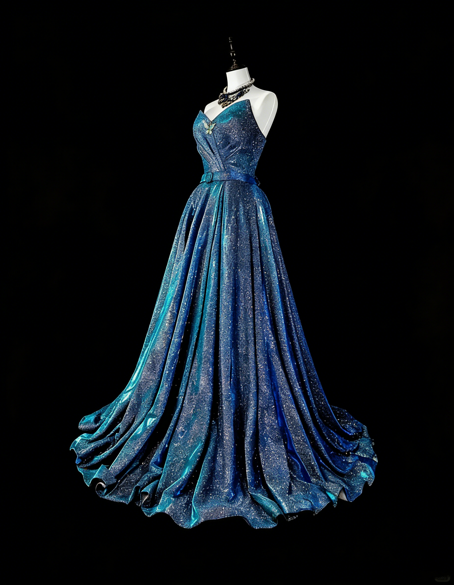 Vintage Ball Gown Sweetheart Navy Blue 70s Sequins Long Prom Gown Party Wear Dresses N1832