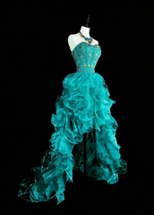 Vintage 1760s High Low Sweetheart Green Organza Sleeveless Tiered Layers Long Prom Dresses N1588