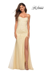 Beaded-Tulle Long La Femme Formal Prom Dress