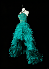 Vintage 1760s High Low Sweetheart Green Organza Sleeveless Tiered Layers Long Prom Dresses N1588