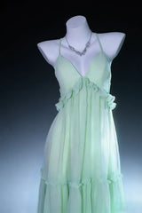 Pretty Prom Dresses A Line Halter Sage Green Chiffon Backless Long Formal Dress N3044