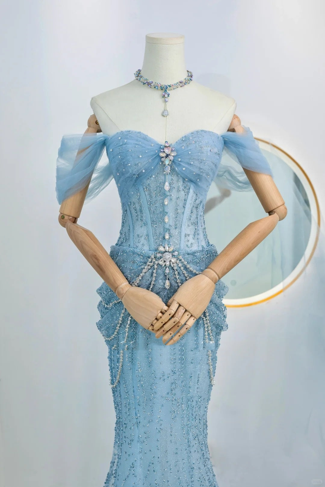 Sparkly Mermaid Off The Shoulder Blue Sequined Long Prom Dresses Party Dress Birthday Outfits Graduation Gown N2842