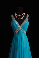 Vintage A line V Neck Blue Chiffon Sleeveless Summer Formal For Women Girls Teens Prom Dresses N2248