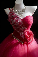 Pretty Prom Dresses Ball Gown One Shoulder Hot Pink Tulle With Beads Long Formal Dress N2955