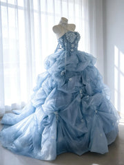 Modest Prom Dresses Ball Gown Strapless Blue Tulle With Flowers Long Quince Dress N3048