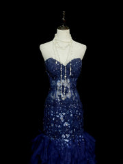 Vintage Mermaid Sweetheart Navy Blue Tulle Sleeveless Formal For Women Girls Teens Prom Dresses N2262