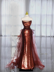 Chic Prom Dresses Mermaid Strapless Burgundy Sequined With Folded Long Formal Gown N2942
