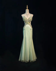 Elegant Chic Prom Dresses Mermaid Halter Green Satin Backless Sleeveless With Beading Semi Formal Evening Gowns N3799