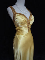 Vintage Prom Dresses Inspo Mermaid Sweetheart With Straps Gold Satin 90s With Beading Formal Gowns N3342