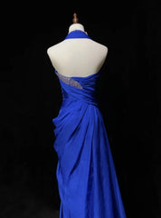 Vintage Prom Dresses 90s Sheath Halter Royal Blue Chiffon Long With Beading Evening Outfits N3137