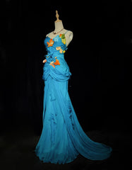 Modest Prom Dresses Mermaid Spaghetti Strap Blue Chiffon Sleeveless With Leaf Formal Evening Dress N3841