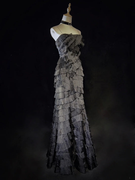 Vintage Prom Dresses 90s Mermaid Spaghetti Strap Black Tie With Layers Tiered Long Semi Formal Evening Dress N3665
