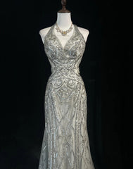 Vintage Prom Dresses Inspo Mermaid Halter Silver Gray Sequin 80s With Backless Formal Gowns N3369