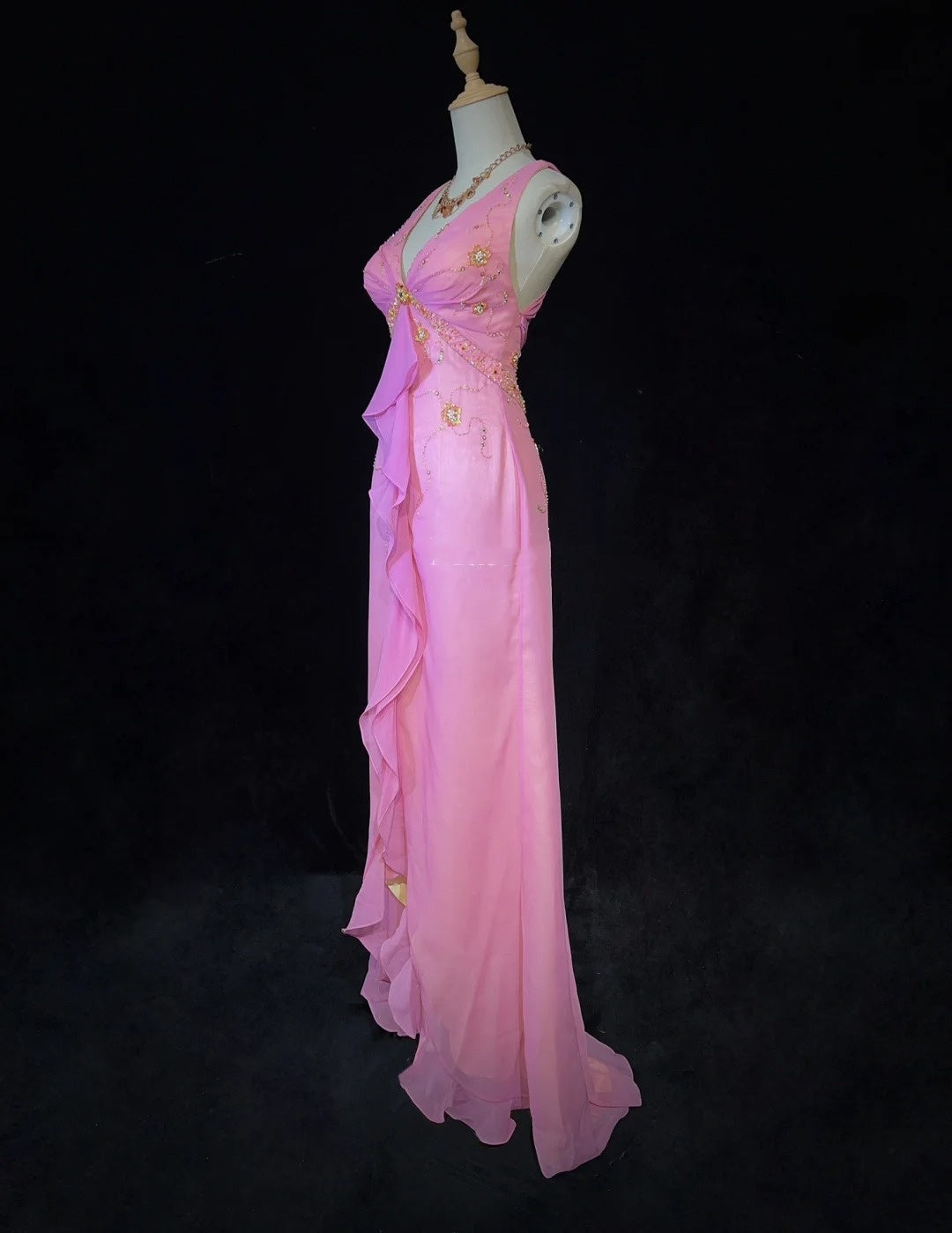 Modest Prom Dresses Inspo Mermaid V Neck Pink Chiffon With Ruffled Beading For Women Formal Dress N3231