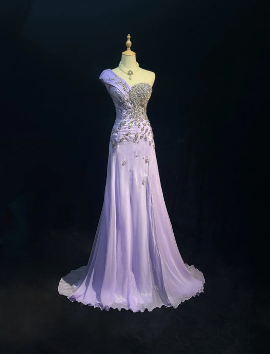 Elegant A Line One Shoulder Lilac Chiffon With Silver Beaded Bodice Formal Dress Long Prom Dresses N2725