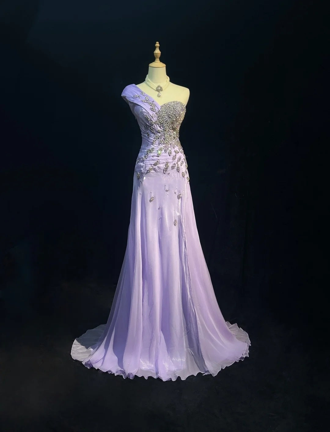 Elegant A Line One Shoulder Lilac Chiffon With Silver Beaded Bodice Formal Dress Long Prom Dresses N2725