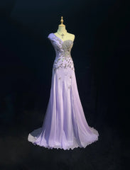 Elegant A Line One Shoulder Lilac Chiffon With Silver Beaded Bodice Formal Dress Long Prom Dresses N2725