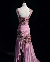 Elegant Sheath Spaghetti Strap Pink Chiffon With Beaded Bodice Formal Dress High Low Prom Dresses N2736